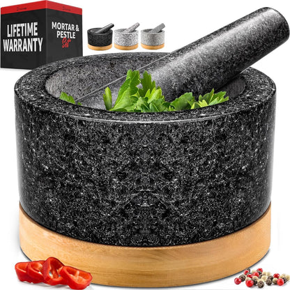 PriorityChef Heavy Duty Mortar and Pestle Set - 100% Natural Granite Stone Grinder, 2 Cups, Black