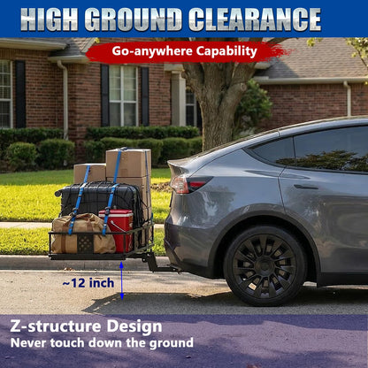 Foldable Hitch Mount Cargo Carrier Basket 56" X 24" X 7" for 2 Inch Hitches Receiver, 500 Lbs Capacity, Easy Folding，Hitch & Arm Tightener Anti Rattle, Trailer Pin Lock