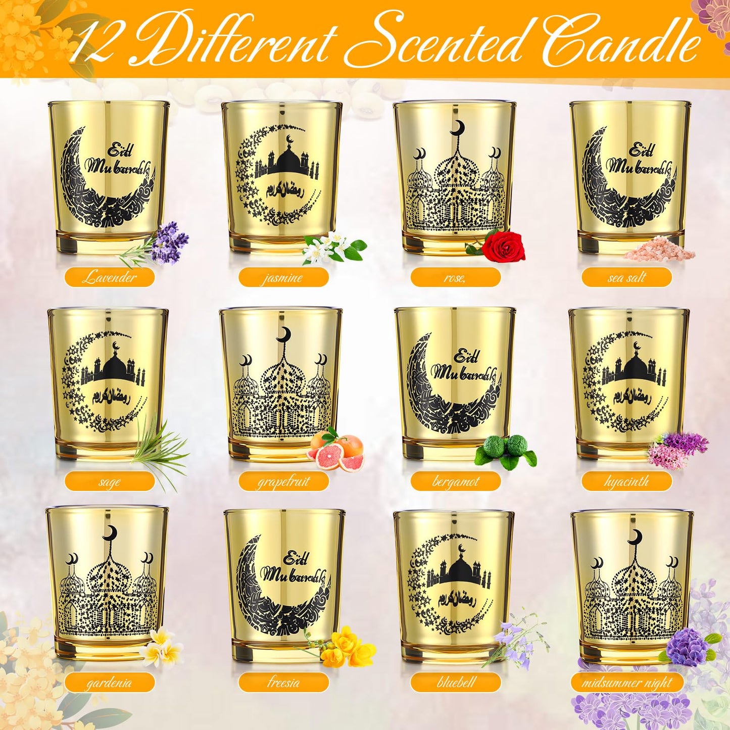 MTLEE 12 Pcs Ramadan Gifts Ramadan Mubarak Scented Candle Jar Eid Candles Eid Religious Novelty Candle Mubarak Gift for Home Muslim Islam Gifts Festival Decor(Gold)