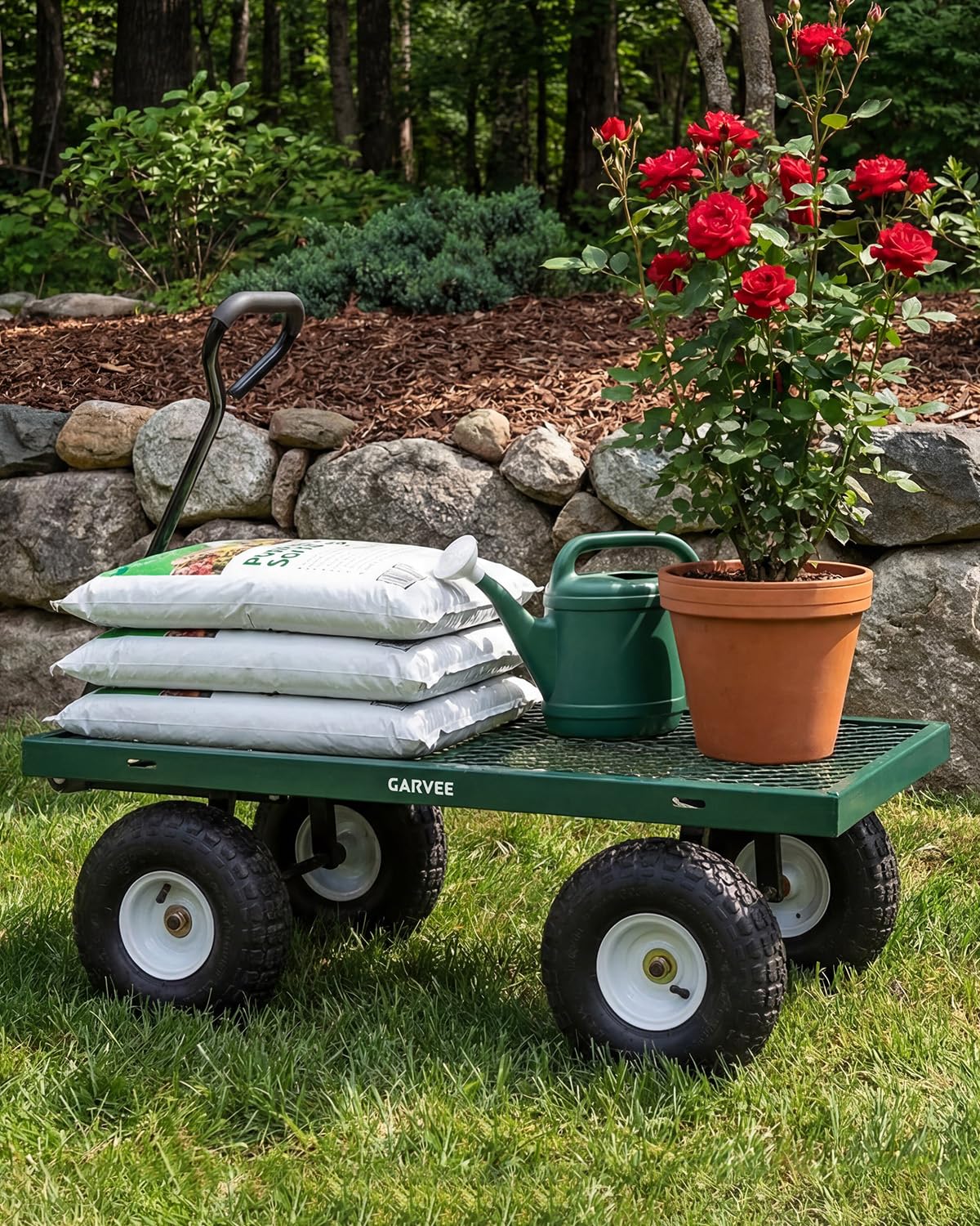 Garvee Versatile Outdoor Utility Cart-800LBS Heavy-Duty, 10" All-Terrain Pneumatic Tires, Easy Maneuverable Lawn Cart with Removable Mesh Panels for Gardening&Landscaping, Green, with Waterproof Liner