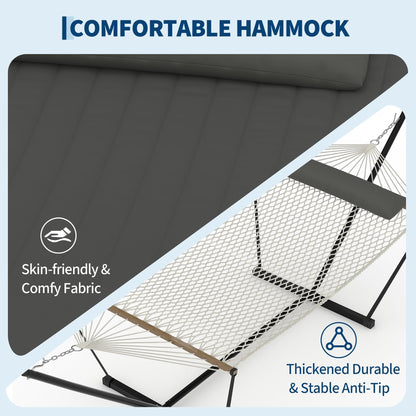 Heavy Duty 2 Person Double Hammock with Portable Adjustable Steel Stand, Outdoor Hammock with Pillow for Patio, Garden, Beach, Backyard Camping