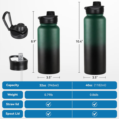 VEGOND 40 oz Insulated Water Bottle Bulk Stainless Steel Metal Water Bottles with Leak Proof Straw Lid & Spout Lid, Wide Mouth Double Walled Vacuum Travel Sports Bottle, 4 Pack