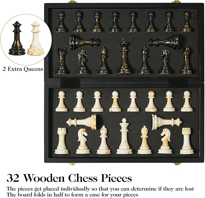 15 Large Chess Set for Adults with Extra 2 Queens Weighted Acrylic Pieces-3.5 King w/Leather Base Portable Folding Marbling Wooden Chess Board - Travel/Family Game &amp Elegant Gift