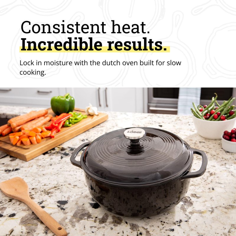 Lodge Essential Enamel Cast Iron Dutch Oven 6 Quarts - Perfect for Bread Baking, Braising, Marinating & Slow Cooking, Features Moisture-Sealing Lid & Dual Handles, Kitchen Essentials, Midnight Chrome