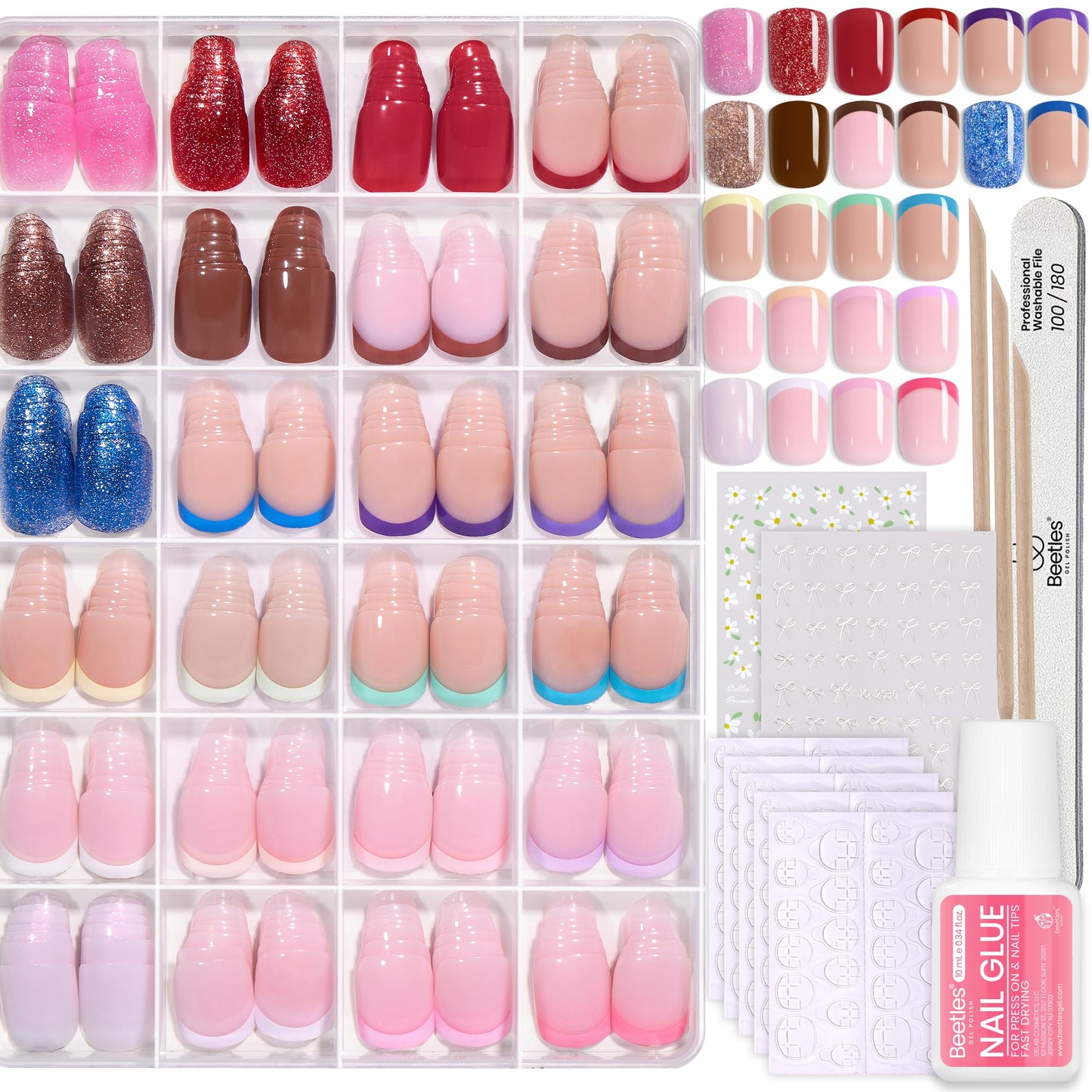 Beetles Press on Nails Kit 720Pcs 24 Colors, Press on Nails Short Almond Glossy Matte Glitter With Nail Glue & Nail Tabs Stickers, Natural Fit Lightweight Fake Nails Kit Art For Women Girls