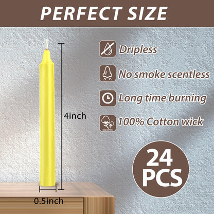 24 Pack Yellow Spell Chime Candles – Premium Mini Unscented Taper Candles for Rituals, Prayer, Meditation, Altar, Spells – 4" Tall – Ideal for Witches & Spiritual Practices