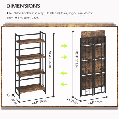 4NM No Assembly 4 Tiers Folding Bookshelf, 47.2" H Foldable Storage Shelves Vintage Bookcase Standing Racks Study Organizer Home Office - Rustic Brown Black