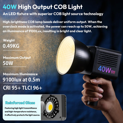 ULANZI 40W Pro RGB Portable LED Video Light w Adapter, 3400mAh Mini COB Continuous Handheld Spotlight, Ulanzi LA03 Quick Adjustment Handheld Light Stand Grip with 1/4" Screw for COB Light