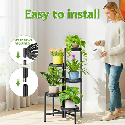 NQW Plant Stand Indoor Outdoor, 5 Tier Corner Metal Flower Display Holder Shelf, Folding Tall Rack for Patio Balcony Porch Garden Living Room House, Heavy Duty Wrought Iron Plant Shelf- BlackWave