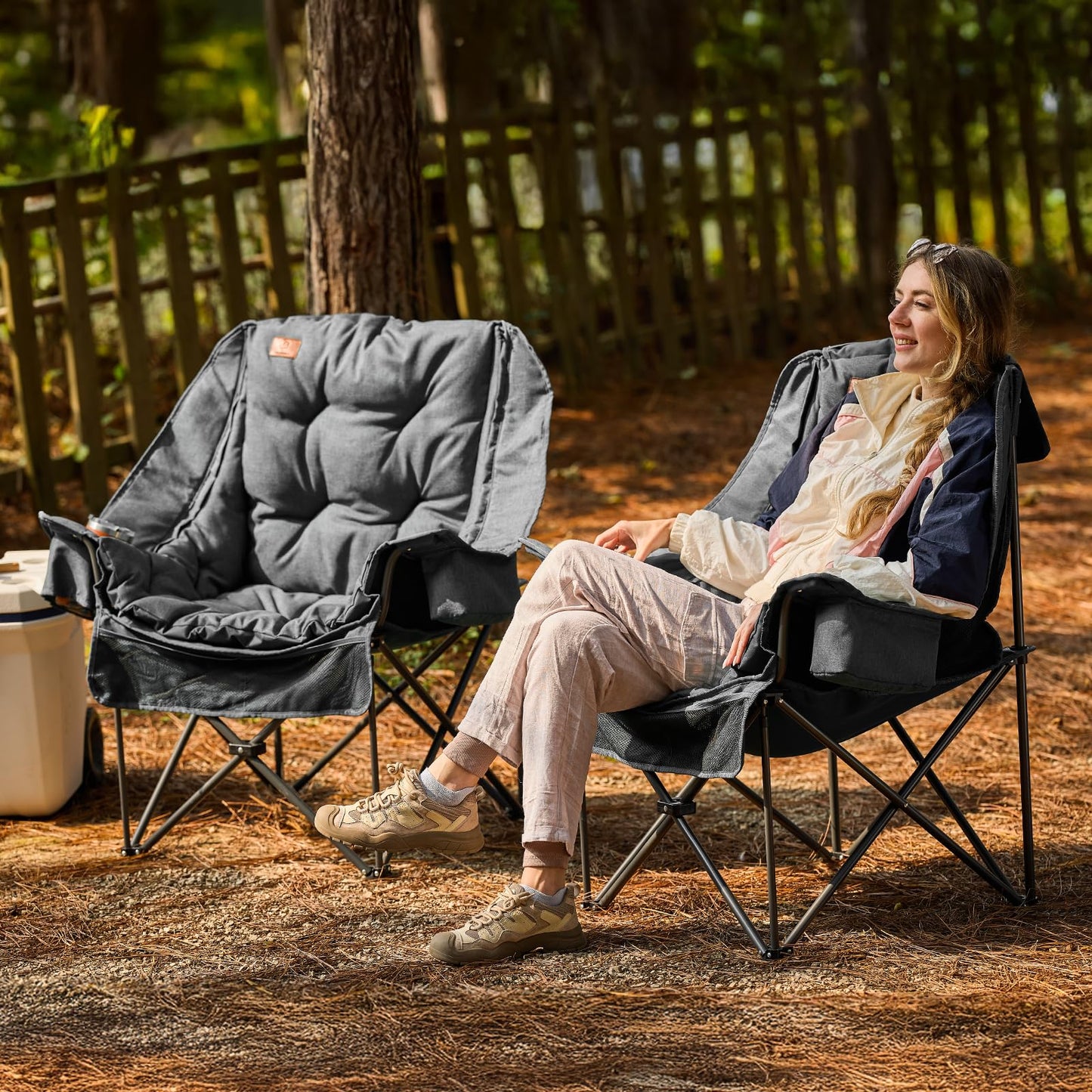 EVER ADVANCED XL Camping Chair with Detachable Cushion, Mesh Chair for Adults Foldable, Oversized Heavy Duty Folding Chair with Cooler Mesh Pocket Cupholder Outdoor Fishing, Supports 400LBS Grey