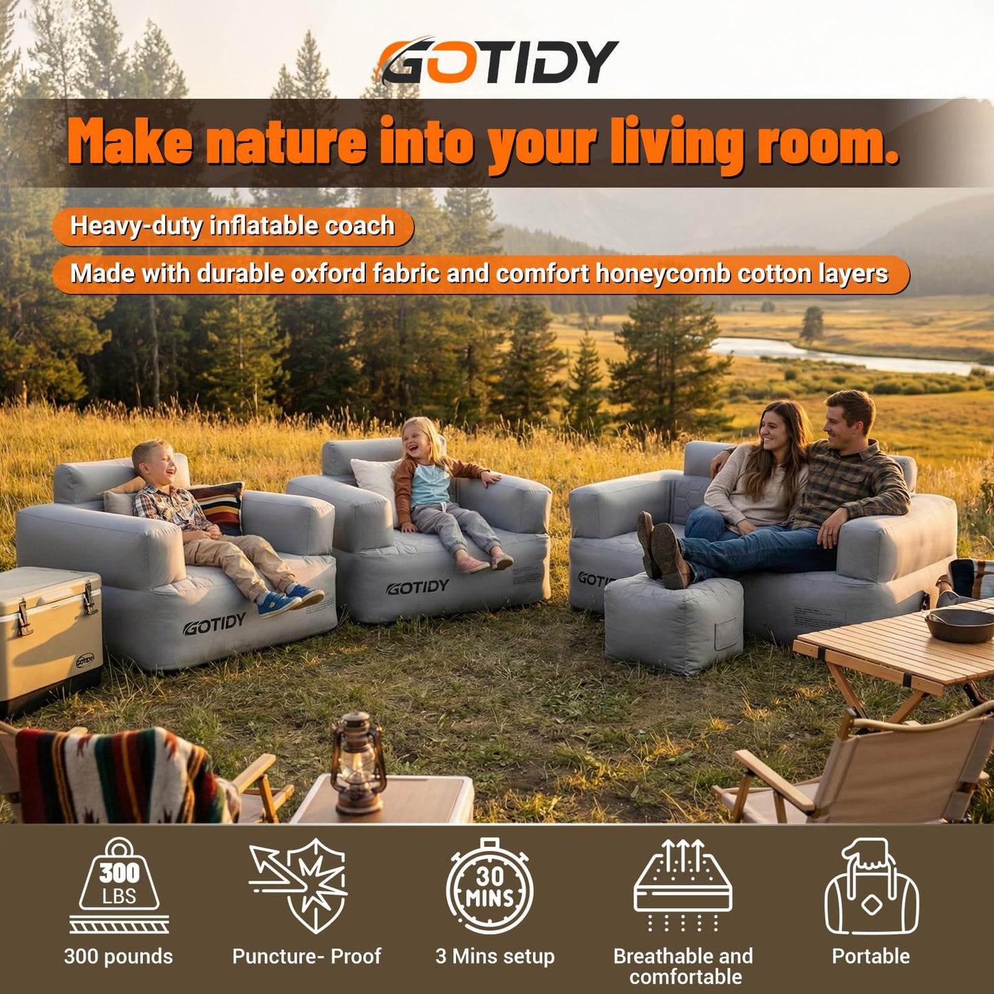 GOTIDY Inflatable Couch, Camping Couch with Detachable Built-in Pump, Inflatable Sofa with Breathable, Puncture-Resistant Fabric Texture Cover, Camping, Beach, Backyard Party