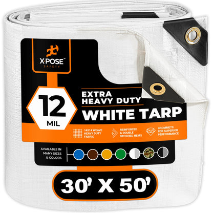 Heavy Duty White Poly Tarp 30' X 50' - Multipurpose Protective Cover - Durable, Waterproof, Weather Proof, Rip and Tear Resistant - Extra Thick 12 Mil Polyethylene - by Xpose Safety