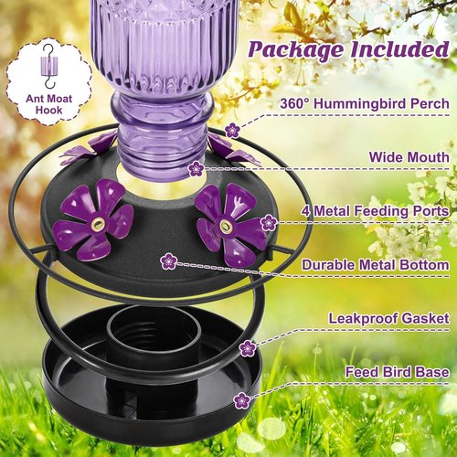 FEED GARDEN Glass Hummingbird Feeder - 16 oz Outdoor Feeder with Bee-Proof Ports & Ant Moat, Purple