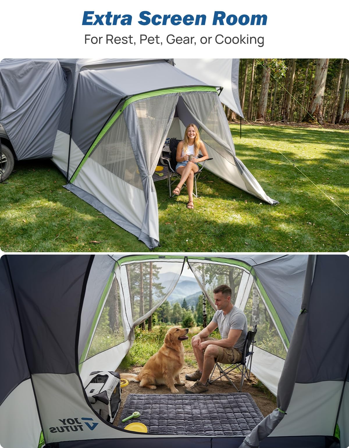 JOYTUTUS SUV Tent with 2 Rooms, Rainfly & Awning for Family Camping, 60% More Space Car Tent for 5-9 Person, Dual-Use for SUV or Ground Camping Tent with Screen Porch, Double Door,Mesh Roof