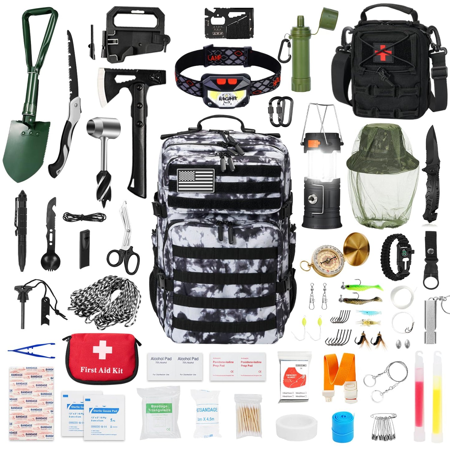 Skywod, Professional Survival Gear Set - First Aid Kit and Large Camping Backpack, Camping Equipment for Adventure Outdoor Hiking Adventurers - (White Camouflage)
