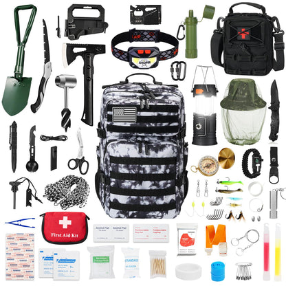 Skywod, Professional Survival Gear Set - First Aid Kit and Large Camping Backpack, Camping Equipment for Adventure Outdoor Hiking Adventurers - (White Camouflage)