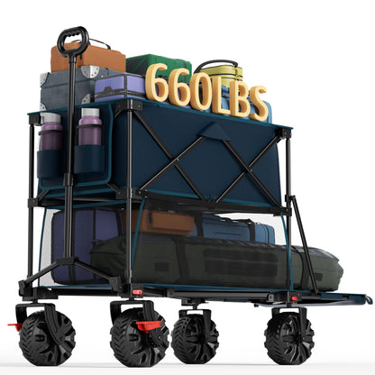 Portal Collapsible Large Double Decker Wagon with Brakes, 660lb Foldable Heavy Duty Utility Wagon Cart, 400L All-Terrain Big Wheels & 54" Extra Long Extender for Sports, Camping & Outdoor Use