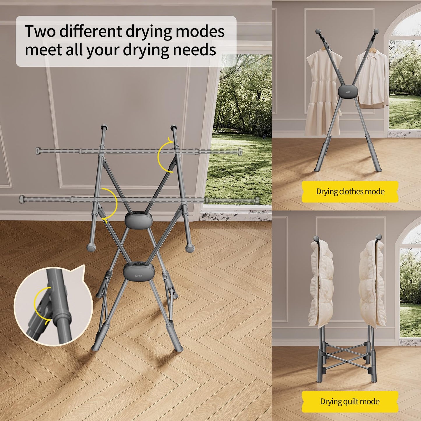 BIREN Clothes Drying Rack Heavy Duty Clothing Racks Foldable Laundry Rack Two Drying Modes Garment Racks for Drying Clothes, Adjustable Length from 32-55 Inches for Indoor Outdoor Use