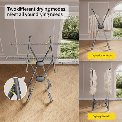 BIREN Clothes Drying Rack Heavy Duty Clothing Racks Foldable Laundry Rack Two Drying Modes Garment Racks for Drying Clothes, Adjustable Length from 32-55 Inches for Indoor Outdoor Use
