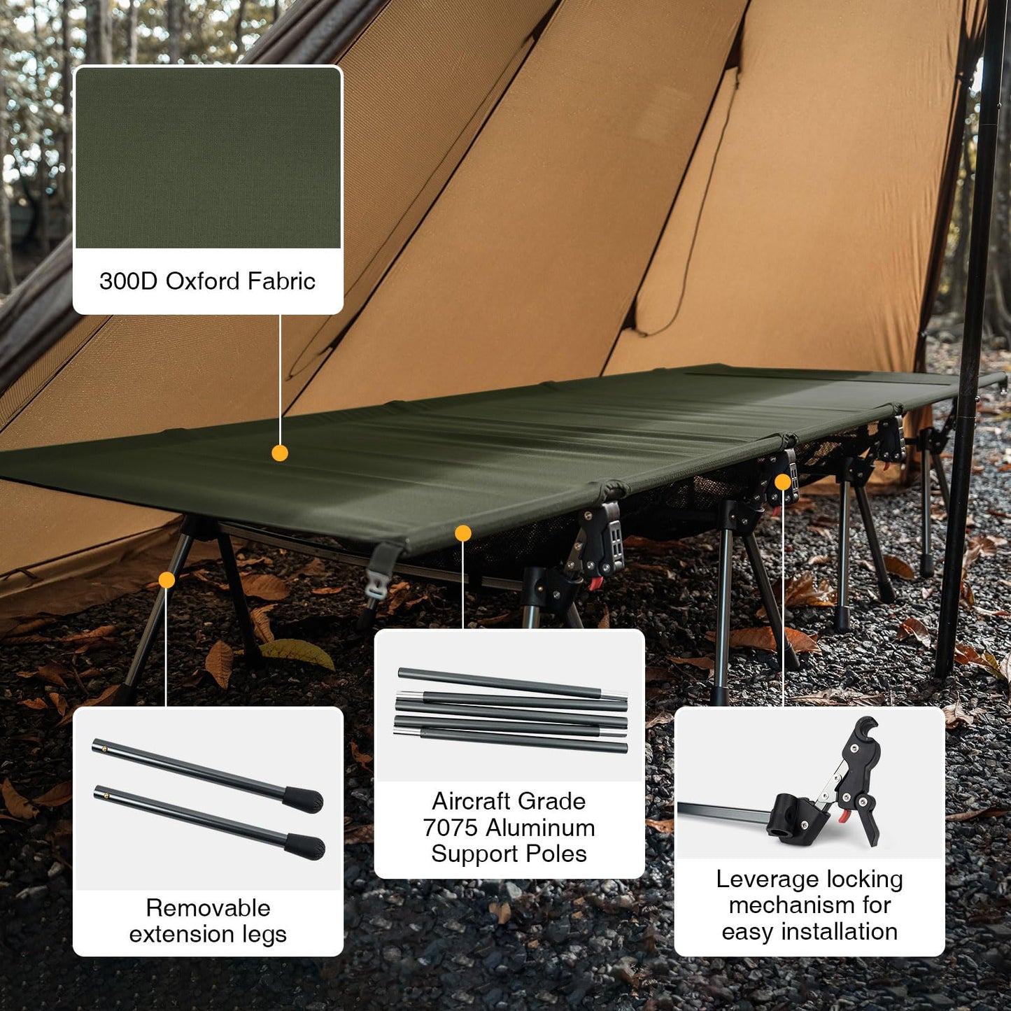 ONETIGRIS SUPRATIROS Extra Large Camping Cot, Height Adjustable Oversized Sleeping Cot with Extending Legs for Camping, Car Trips, Truck, Beach, Office Nap, Sturdy Supports Up to 400lbs (Ranger Green)