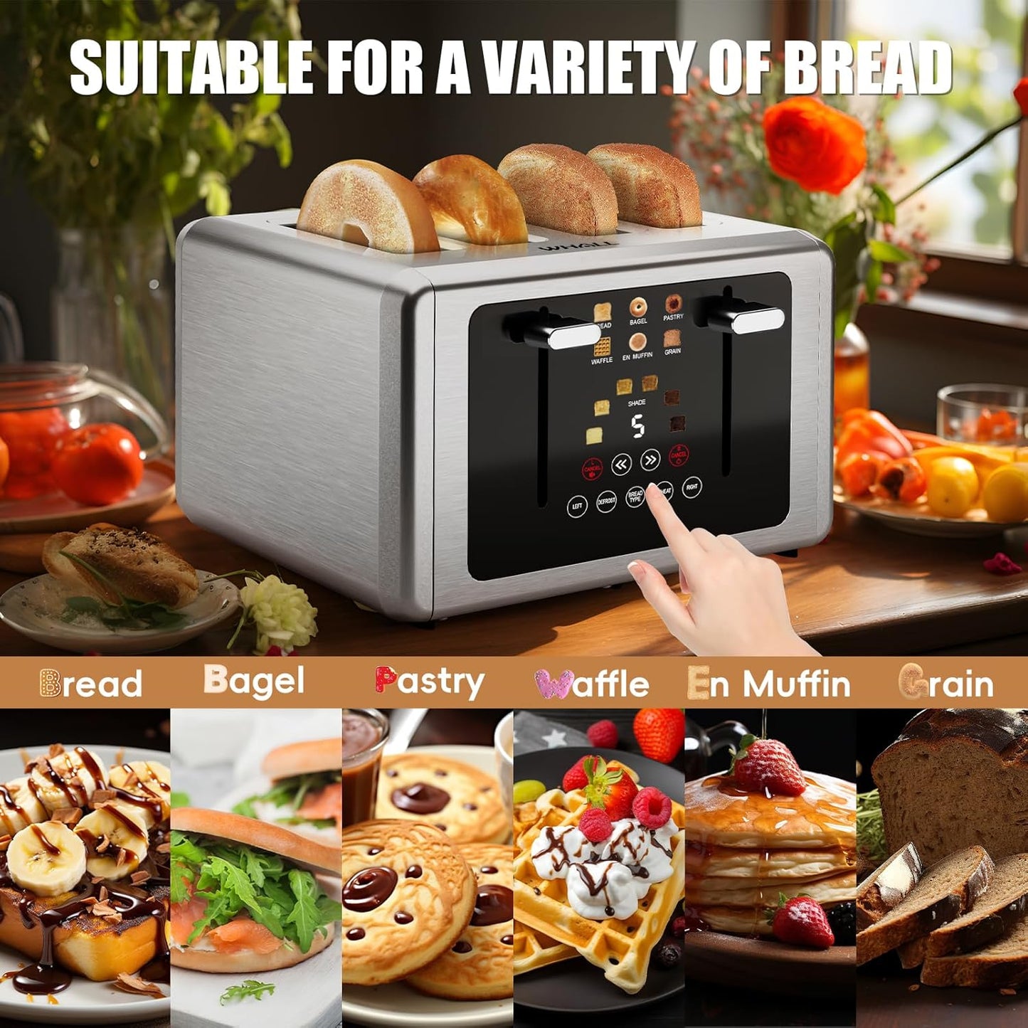 Whall 4-Slice Smart Toaster - Touchscreen Control, Extra-Wide Slots & 6 Browning Levels | Perfect Kitchen Gift