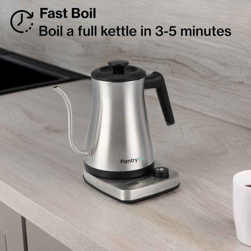 PantryPro Gooseneck Electric Kettle with Temperature Control, 34oz/1.0L Rapid Boil, Stainless Steel Interior, Auto Shut-Off, 1500W, Boil-Dry Protection, LED Indicator - Steel