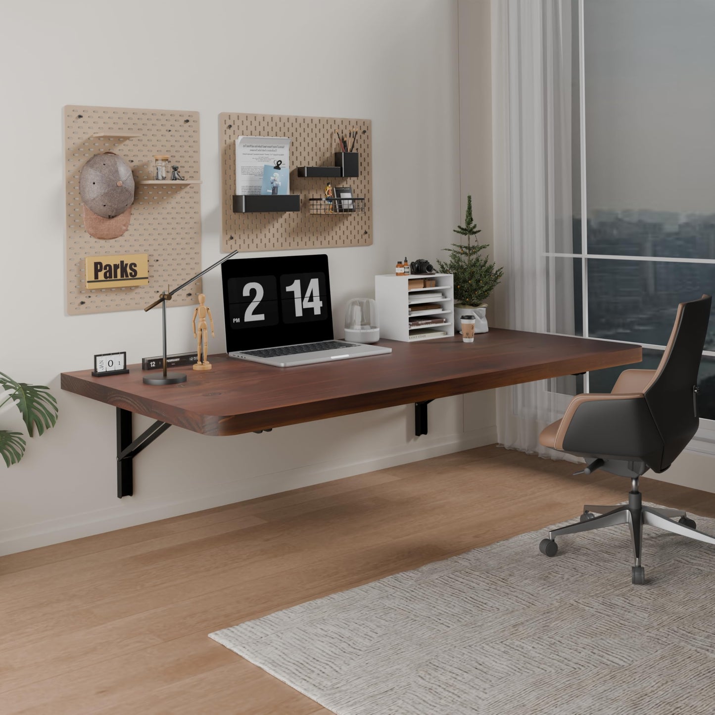IAE Floating Wall Mounted Folding Table Desk with Pine Wood,36" x 22" Folding Workbench,Fold Down wall Mounted Foldable Table with Shelf Brackets,Laundry Folding Table for Apartment,Home,Kitchen,Brown