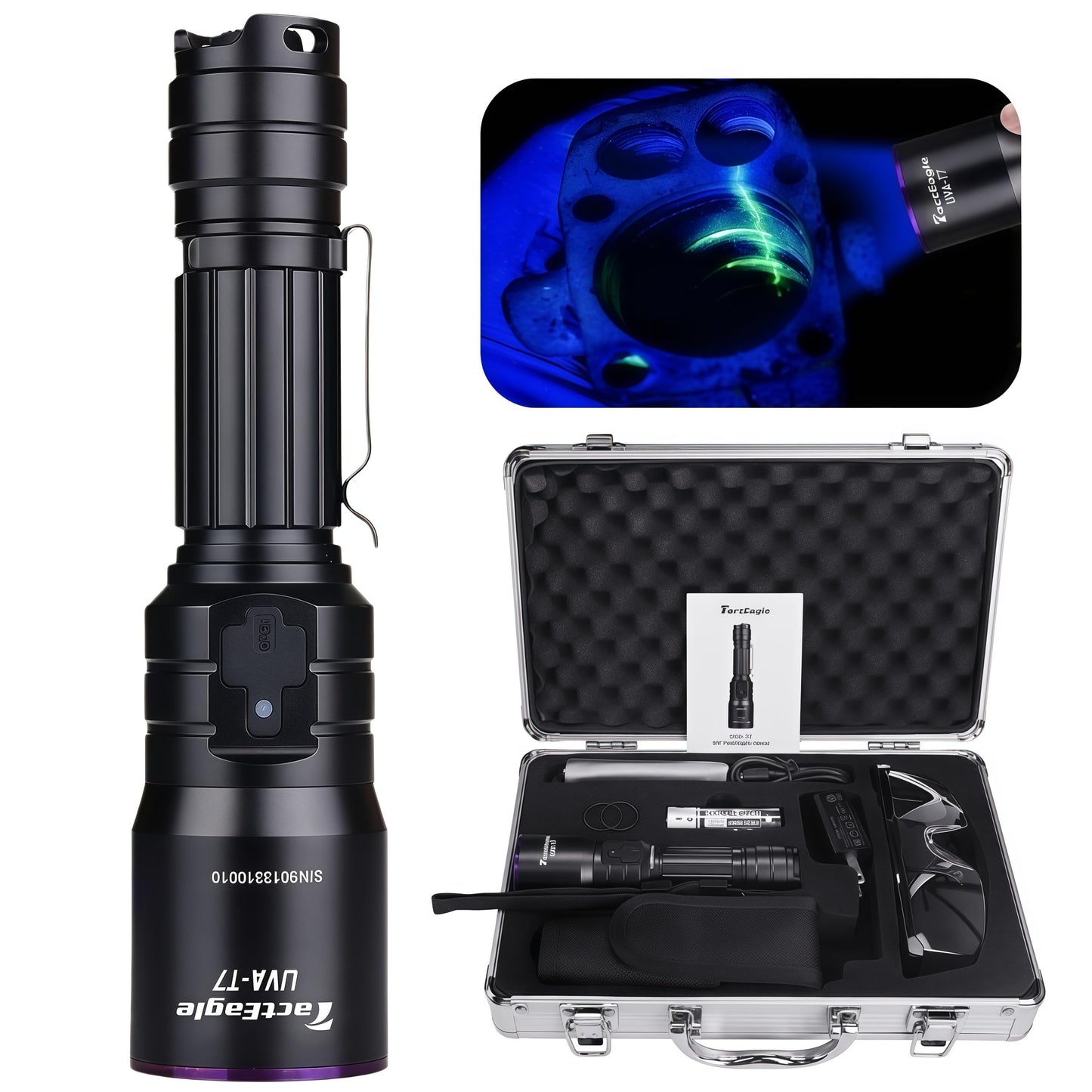 TactEagle Industrial UV Flashlight Rechargeable, 365nm UV Light, Black Light for NDT (Non-Destructive Testing), Pet Urine Detection, A/C Leak Detection, Blood Tracking, Rocks Hunting