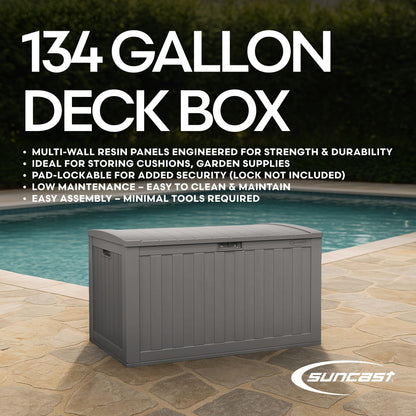 Suncast 134-Gal. Resin Extra-Large Outdoor Patio Deck Box with Pad-Lockable Lid, Modern Outdoor Patio Bench/Storage Box for Cushions, Garden Tools, and More, Dove Gray
