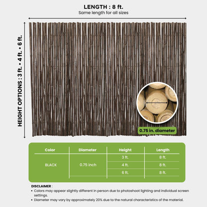 Forever Bamboo Natural Bamboo Fencing Garden Screen Rolled Fence Panel Black 0.75 in D x 3 ft H x 8 ft L