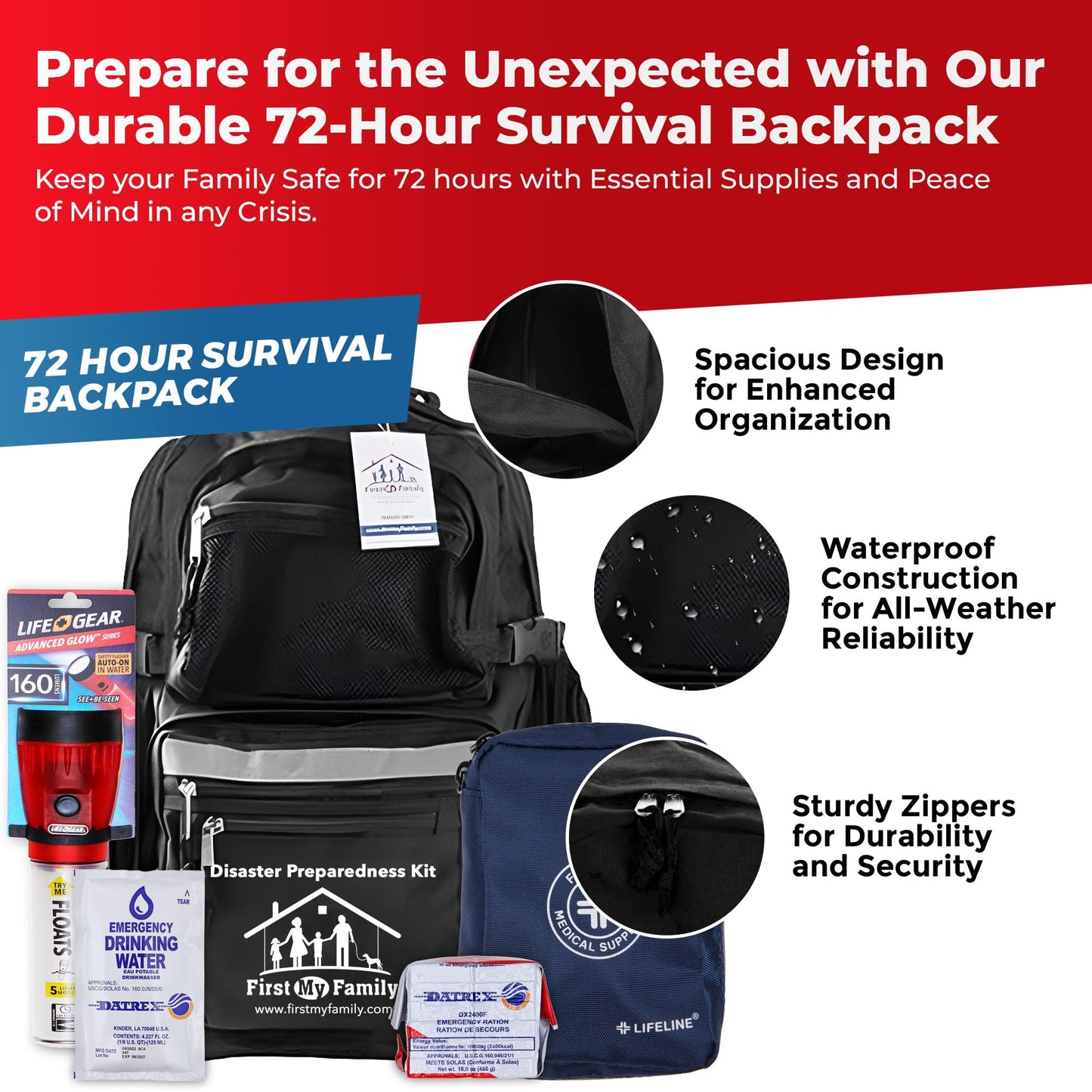 First My Family All-in-One, 72 Hour Bug Out, Emergency Backpack with Survival Gear and First-Aid Supplies.