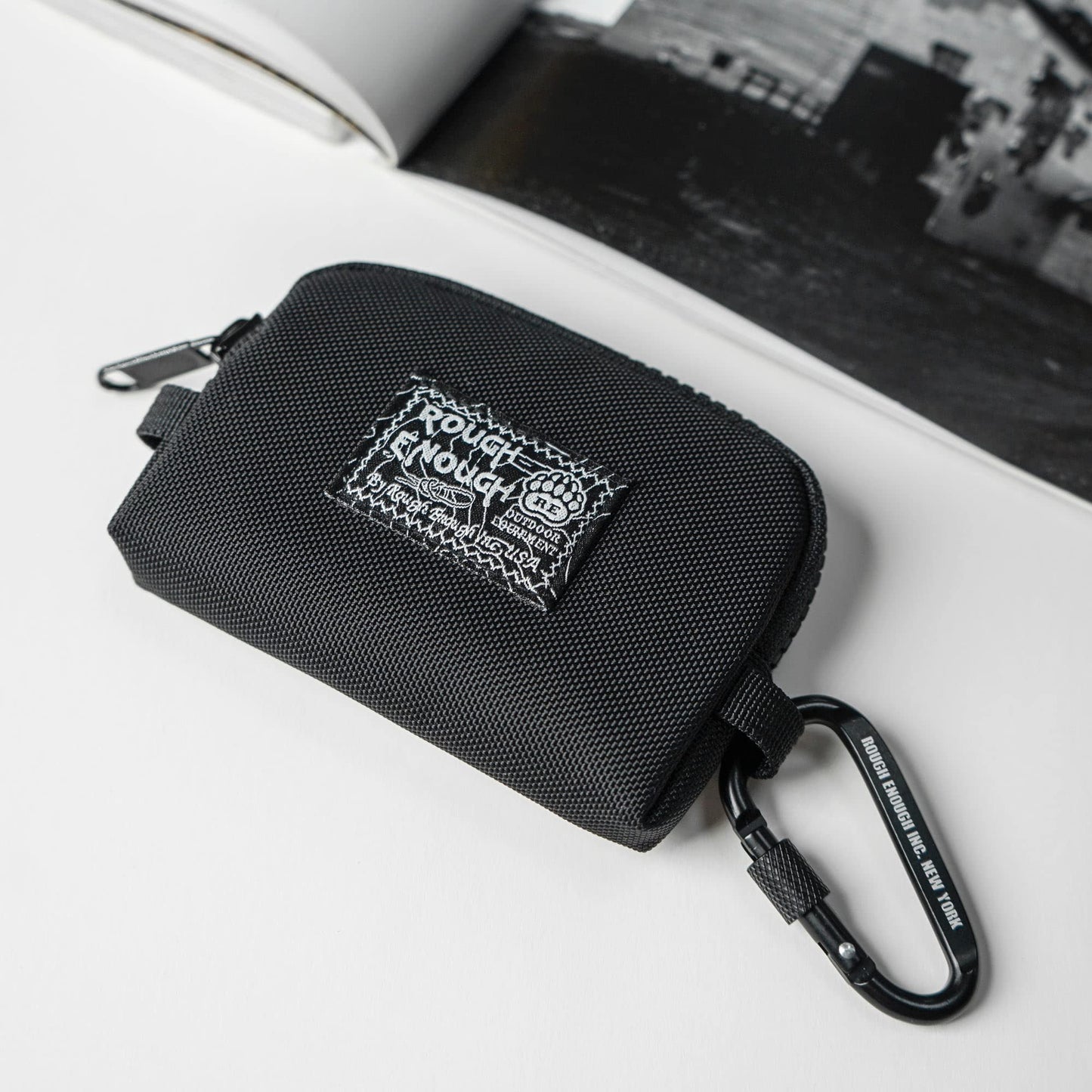 Rough Enough Small Coin Purse Card Wallet Keychain Pouch for Men Women with Zipper Neck Lanyard Black Cordura Water Repellent