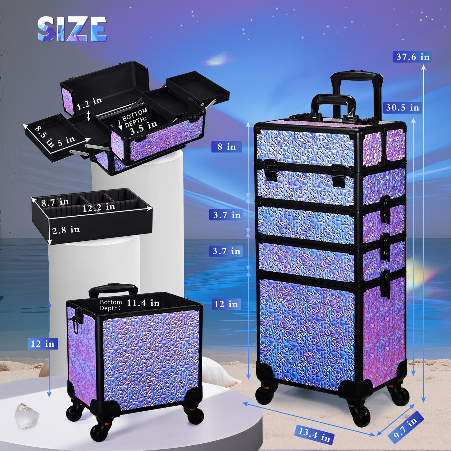 Stagiant Rolling Makeup Case Cosmetology Case on Wheels 4 in 1 Makeup Travel Case Extra Large Cosmetic Box with Key Make Up Artist Traveling Storage Nail Case Salon Barber Cart Trunk Shiny Purple