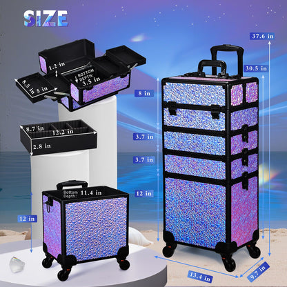 Stagiant Rolling Makeup Case Cosmetology Case on Wheels 4 in 1 Makeup Travel Case Extra Large Cosmetic Box with Key Make Up Artist Traveling Storage Nail Case Salon Barber Cart Trunk Shiny Purple