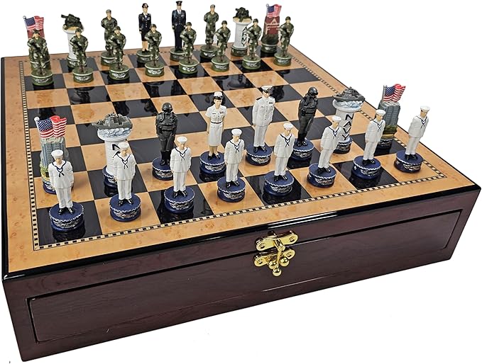 US Military Chess Set Army Navy Air Force or Marines. Choose 2 Branches of Men with 17 inch Walnut Color Storage Board (Army vs Navy)
