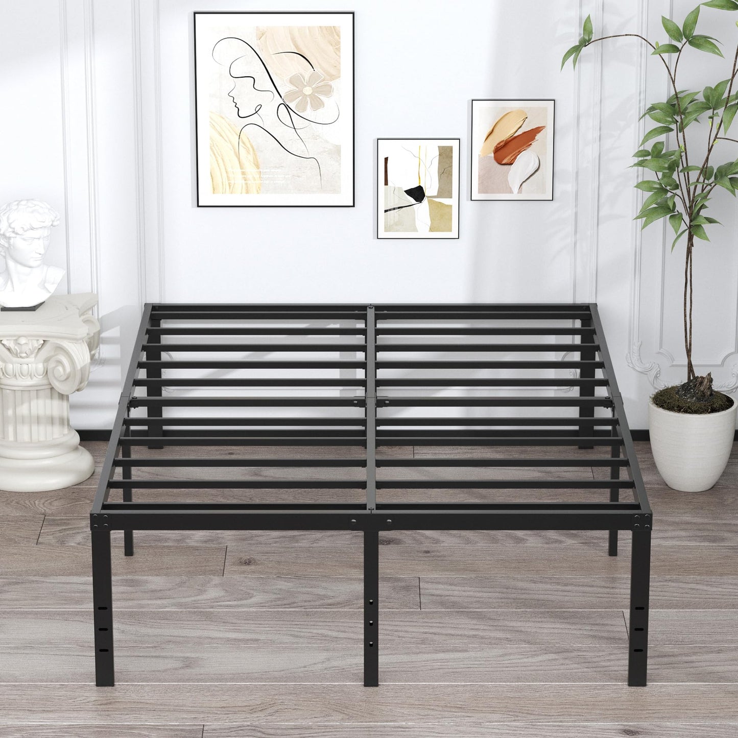 EMODA 20 Inch Queen Bed Frame No Box Spring Needed Heavy Duty Metal Tall Platform Bed Frame Queen Size with Large Storage Space, Easy Assembly, Black