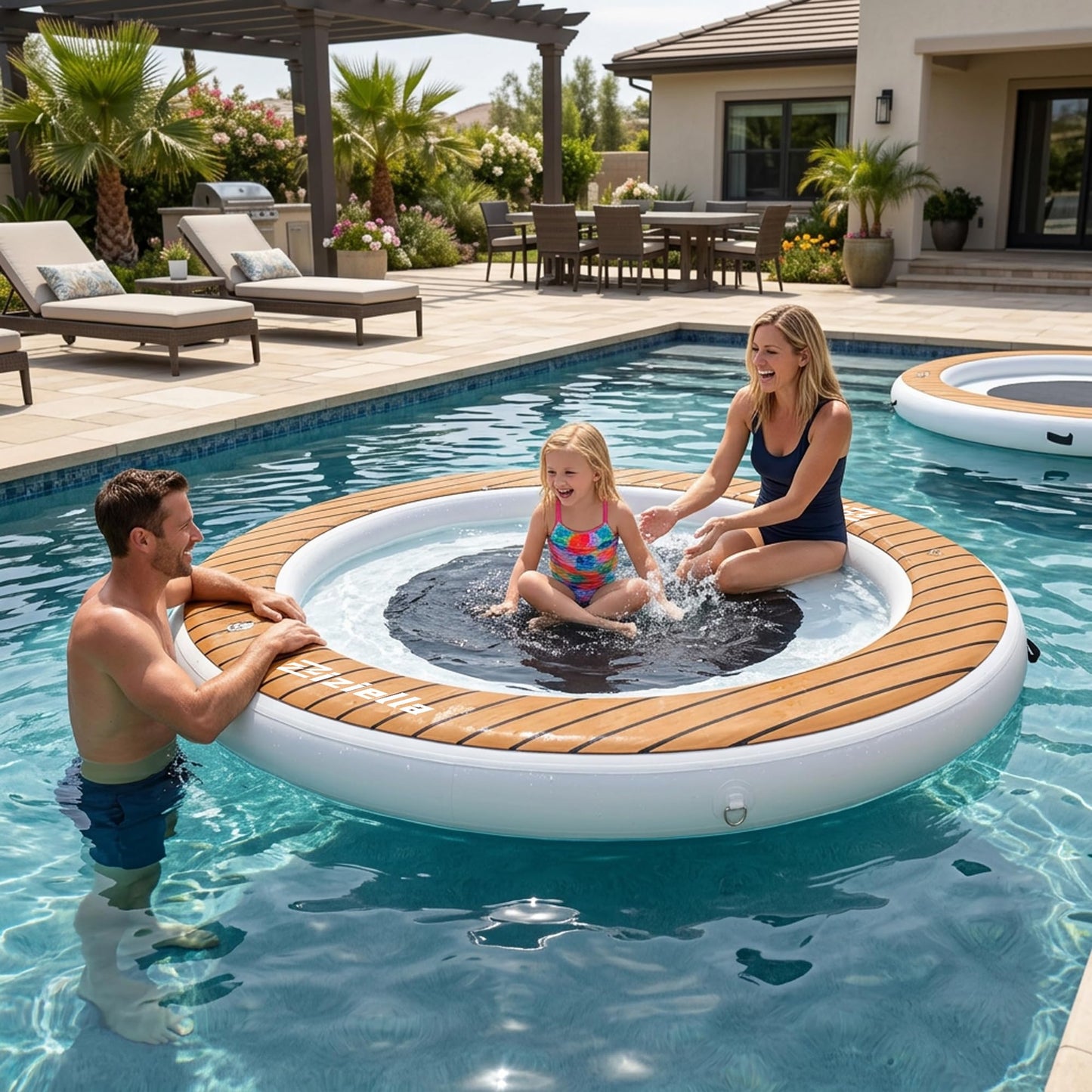 Ziziella Inflatable Water Hammock Floating Dock, 8FT Round Floating Ring for Adults Kids with Anti-Slip Sticker, 6 inch Thick Floating Platform River Floats Dock for Pool Ocean Lake Beach