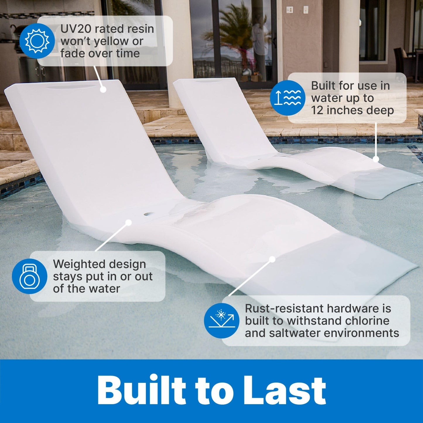 Step2 Vero Pool Lounger, Fade-Resistant, Waterproof Patio Furniture, Pool Lounge Chair for Sun Shelf, Use in Pools with Shelves Up to 12-Inches Deep or Outside Pool Deck, Weighted, White