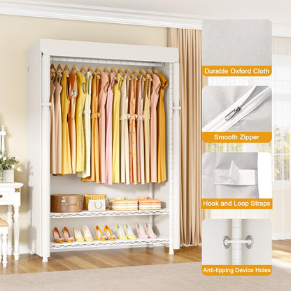 ULIFHOME H5C Plus Clothes Rack with Cover, Portable Closet for Hanging Clothes, Covered Clothing Racks Heavy Duty, Garment Racks with Shelves, Max Load 370LBS, White Closet Rack with White Cover