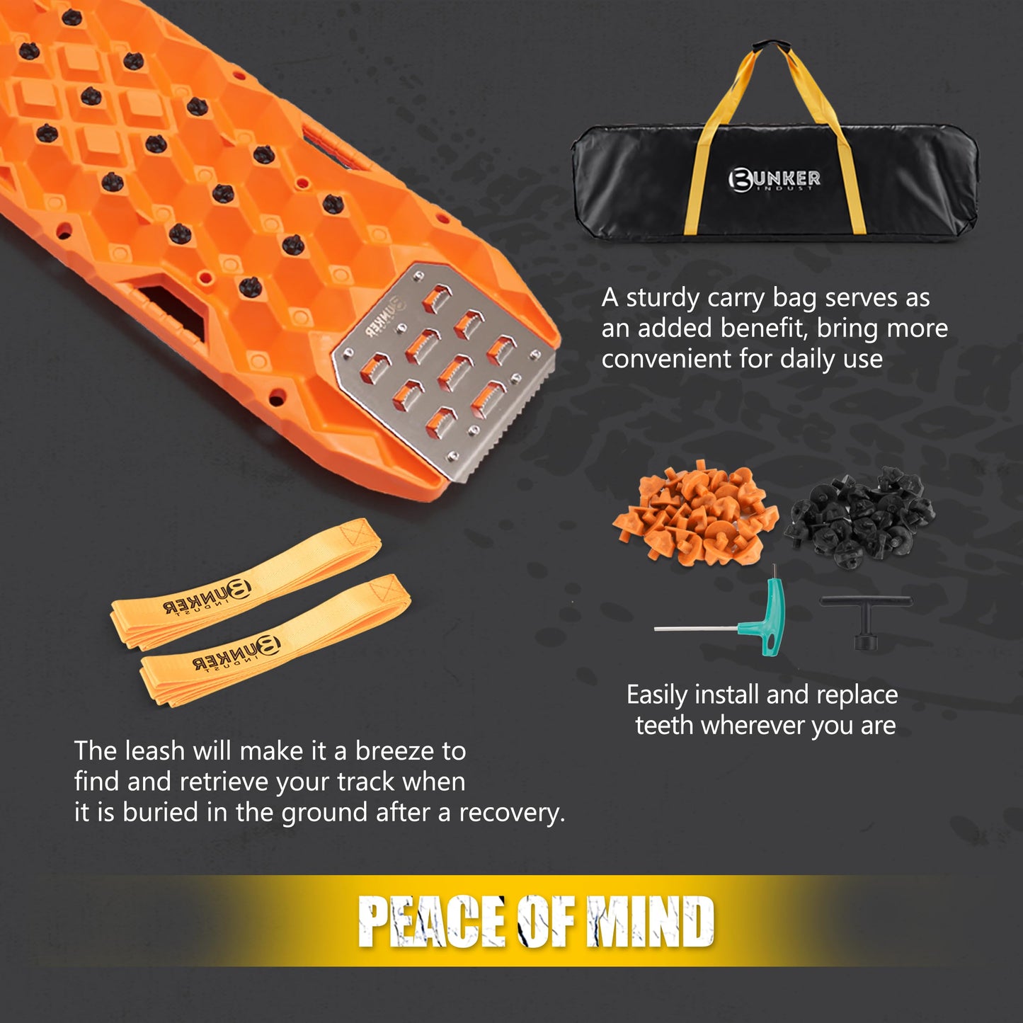 BUNKER INDUST Offroad Traction Board with Jack Base,Pair 47.24"L x 14"W Recovery Track Tire Traction Mat -Orange Sand,Mud,Snow Ramps (Replaceable Dual Colors Teeth/Rugged Steel Plate) Gen 11th