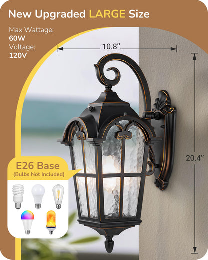 EDISHINE Outdoor Wall Light, Dusk to Dawn, Waterproof, Black, E26 Base, 2 Pack, Roman Large Size, Aluminum