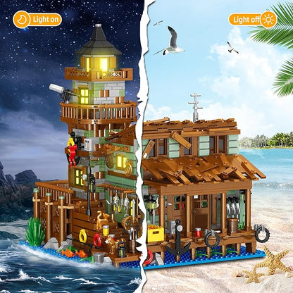Fishing Village Store House Building Set with LED Light 1881 PCS Wood Cabin Mini Building Block STEM Architecture Toys Kit Birthday Gift for Adults Ages 8-12+ Years（Not Compatible with Set ）