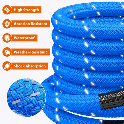 Kinetic Recovery Tow Rope - 1.26" x30FT 55000LBS Reflective Heavy Duty Snatch Strap Kit with Soft Shackles for Offroad Pulling Truck SUV UTV ATV Car Jeep - Blue