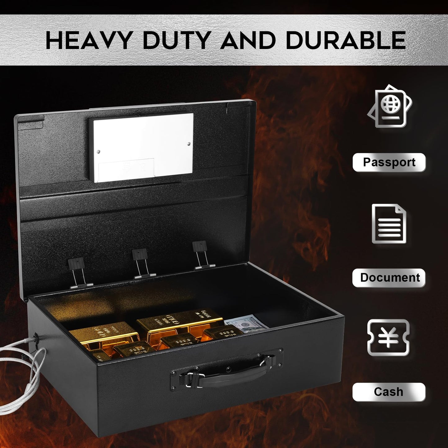 Dalmbox Portable Metal Safe Box with Digital Code Lock,Fire Resistant Storage for Documents, Fireproof Safe Box, Lock Box with Electronic Keypad, Car, Home, Office and Outside, Black XXL