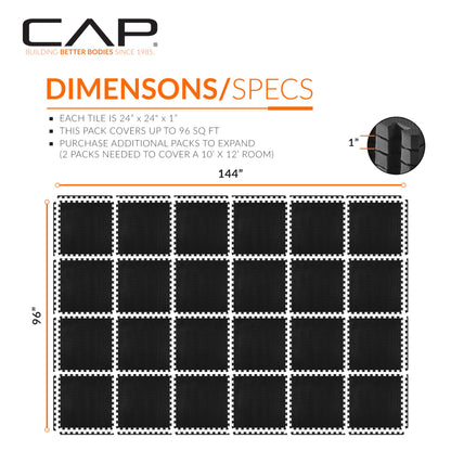 CAP Barbell 1-Inch Interlocking EVA Foam Exercise Puzzle Mat Home Gym Flooring - 4 Pack | 24" x 24" x 1" | T Pattern - Black