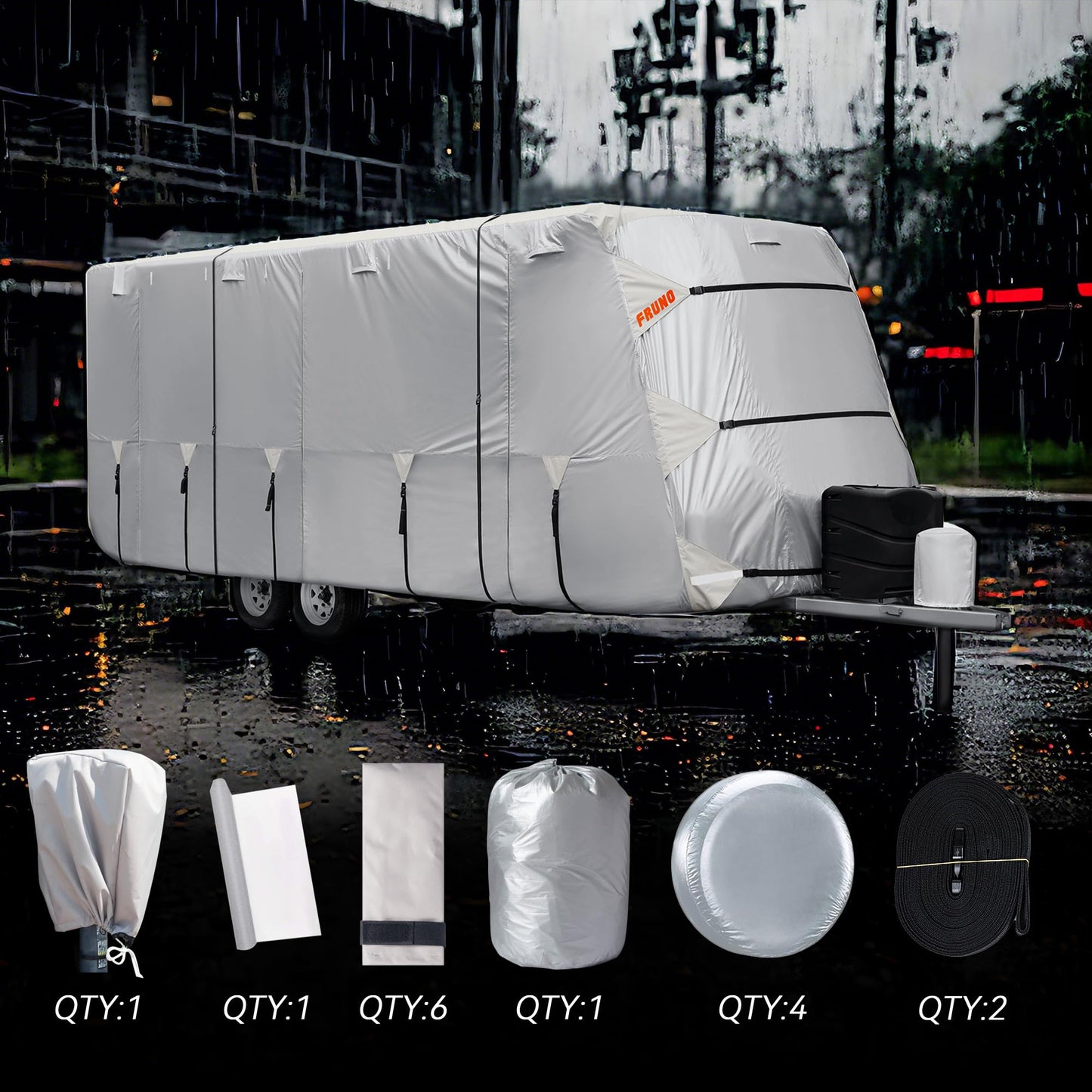 FRUNO Oxford Fabric Travel Trailer Cover RV Cover 22'-24' Waterproof Rip-Resistant Anti-UV Camper Cover for Winter Snow with Jack Cover 4 Tire Covers and Gutter Covers
