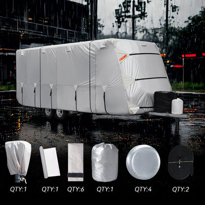 FRUNO Oxford Fabric Travel Trailer Cover RV Cover 22'-24' Waterproof Rip-Resistant Anti-UV Camper Cover for Winter Snow with Jack Cover 4 Tire Covers and Gutter Covers