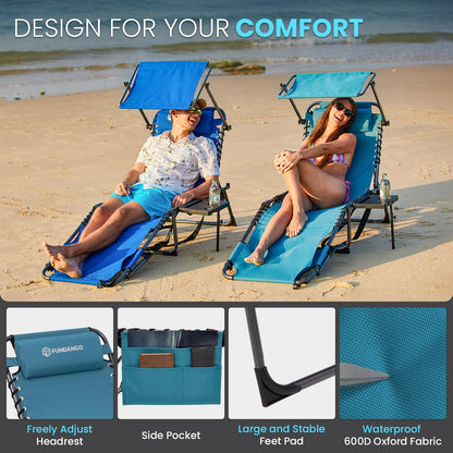 FUNDANGO Heavy Duty Tanning Chair with Face Hole & Canopy, 400lbs Beach Lounge Chair with Side Table, 5-Position Sun Lounger for Outdoor Patio Pool-Face Down Chaise with Anti-Pinch Safety Lock,Cyan