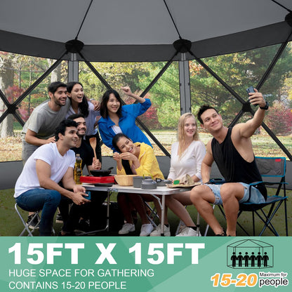 COBIZI 15x15 FT Pop Up Gazebo - Canopy Tent, Large Gazebos On Clearance with Sidewalls, Screened in Gazebo,carpas para Patio,Portable Screen Tents for 12-15 Persons Outdoor Camping, Backyard,Gray