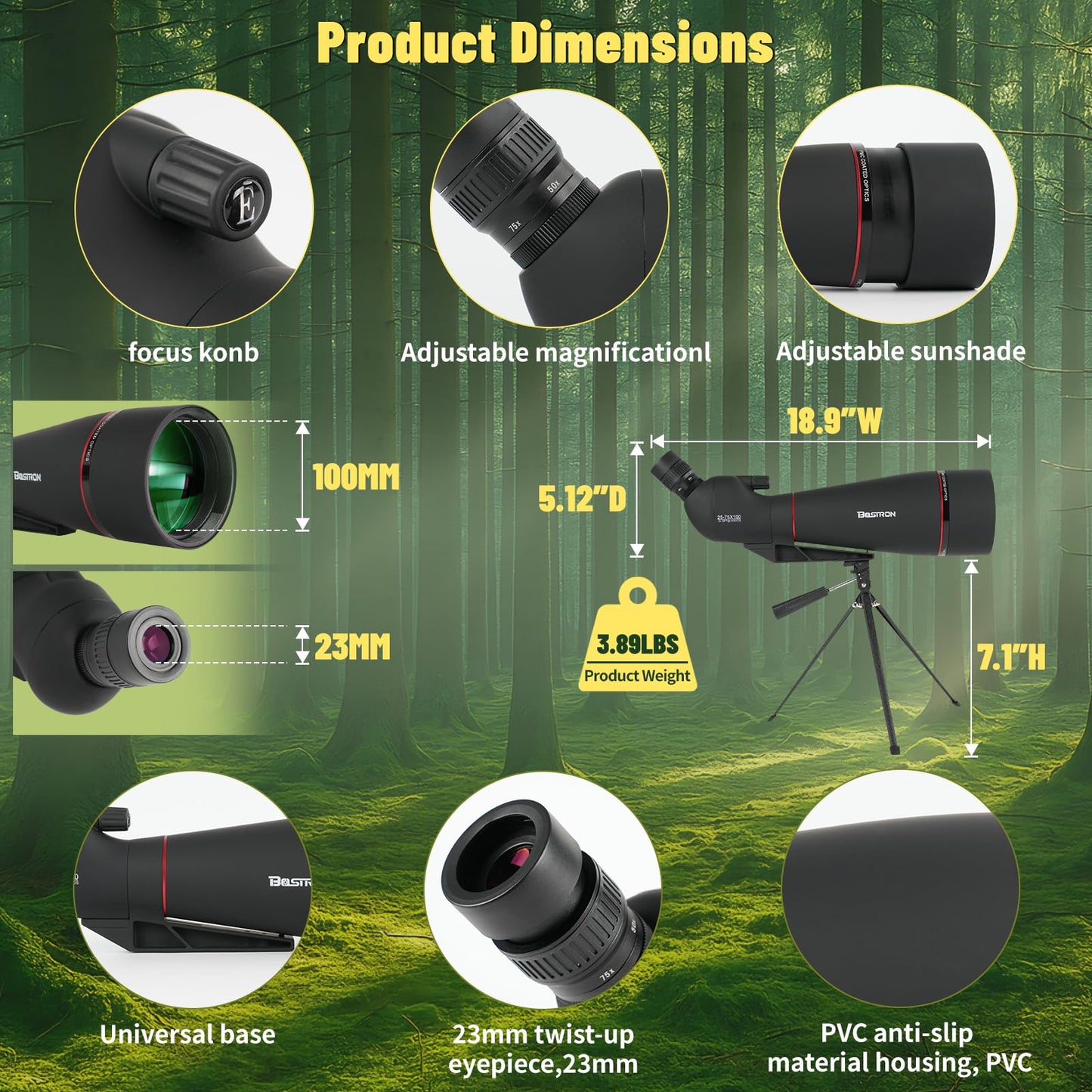 BOSTRON 25-75x100 Spotting Scope, BAK4 FMC Waterproof Spotter Scope with Tripod Phone Adapter, for Target Shooting Hunting Wildlife Bird Watching